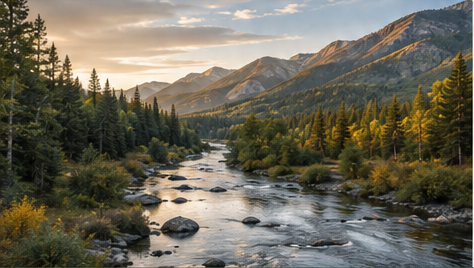 Mountain river flowing through a forest valley